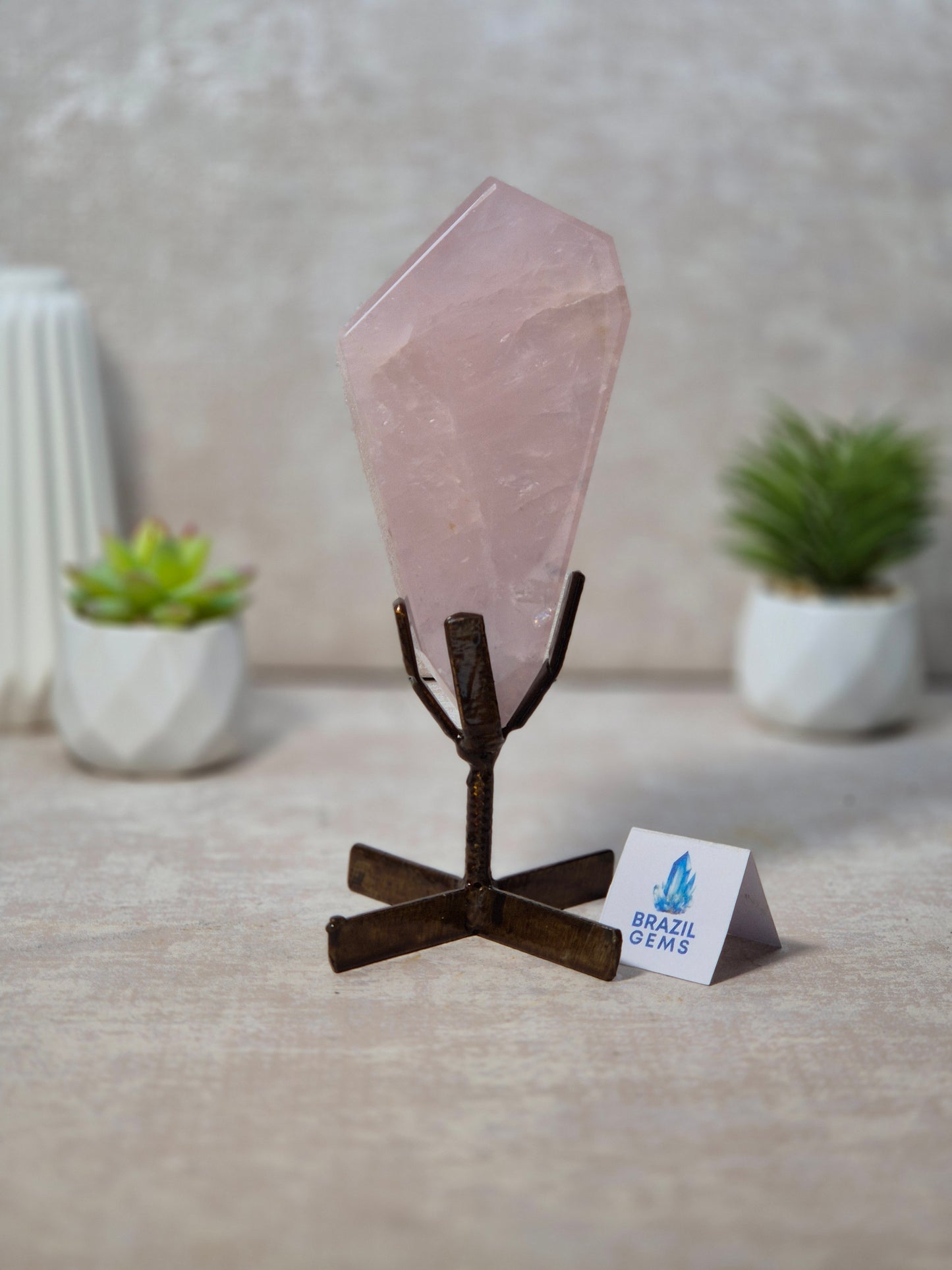 Free Form Rose Quartz on stand