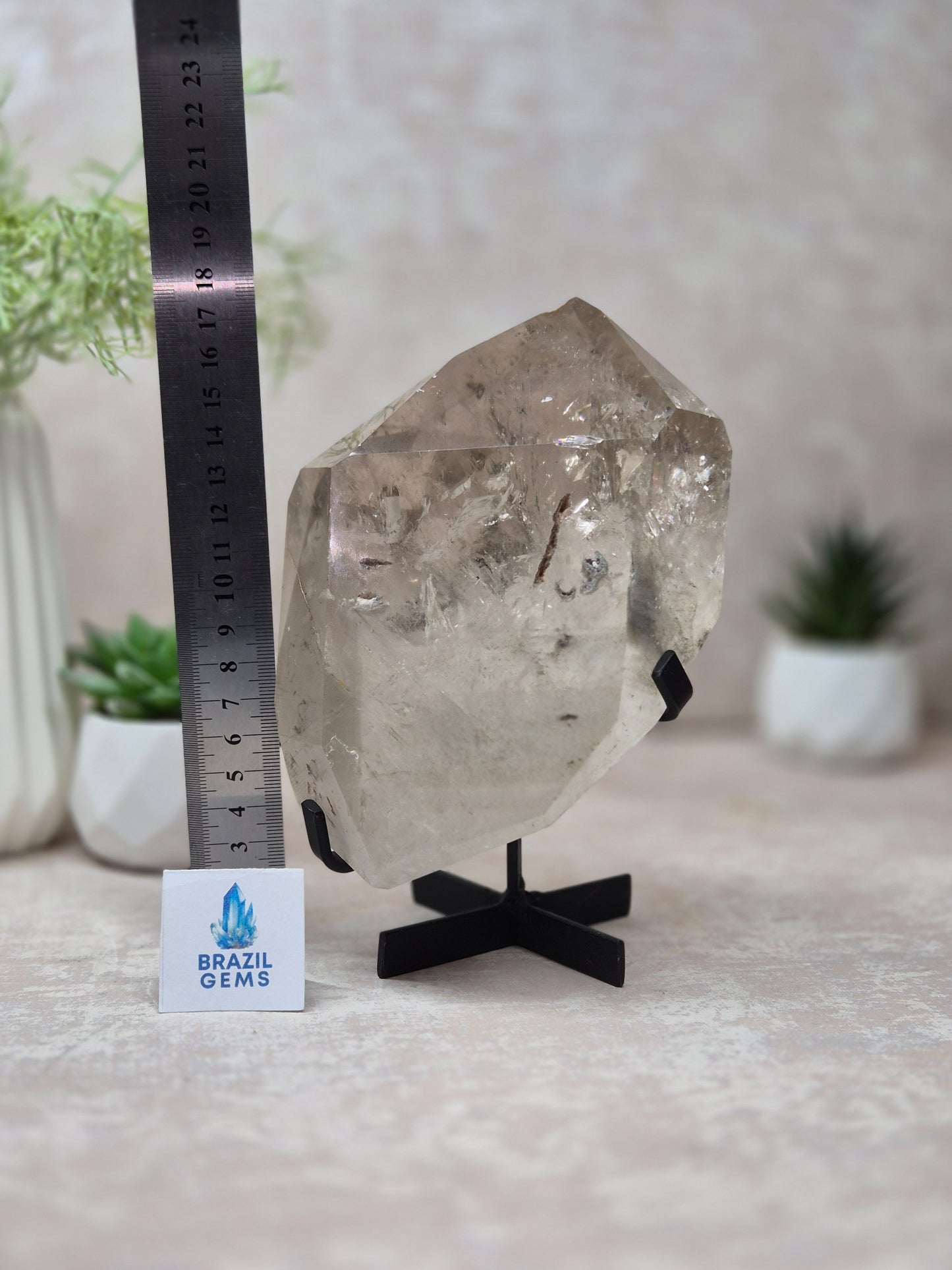 Slight Smoky Quartz with Chlorite Free Form on the stand