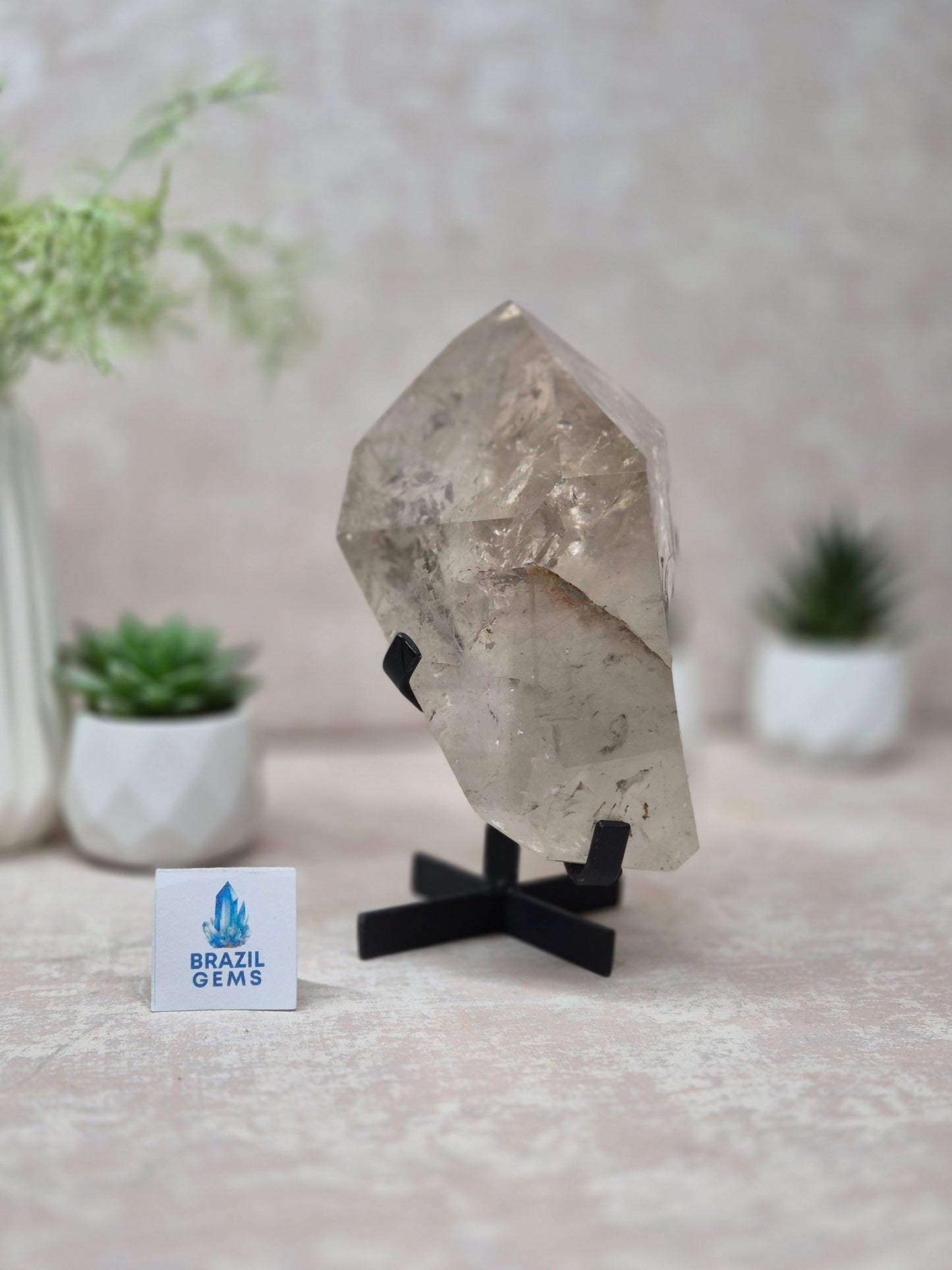 Slight Smoky Quartz with Chlorite Free Form on the stand
