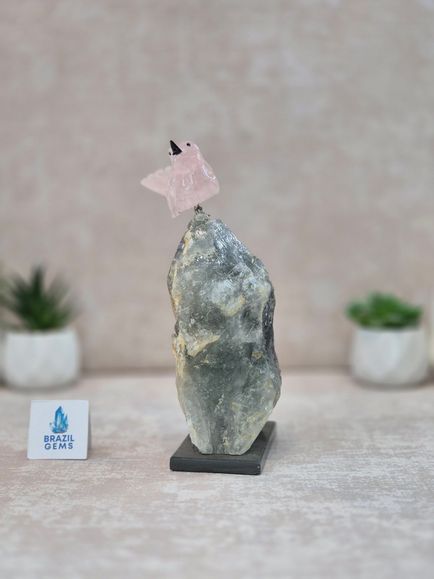 Rose Quartz Bird on Raw Aquamarine Base