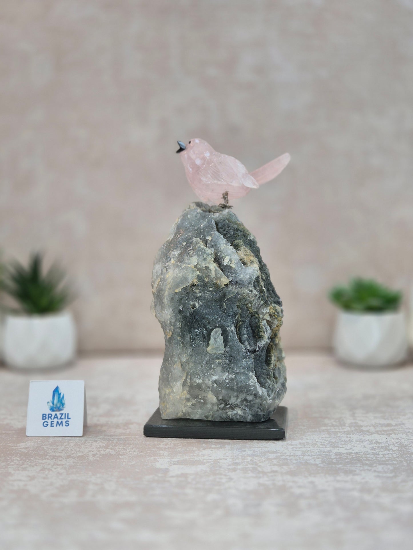 Rose Quartz Bird on Raw Aquamarine Base
