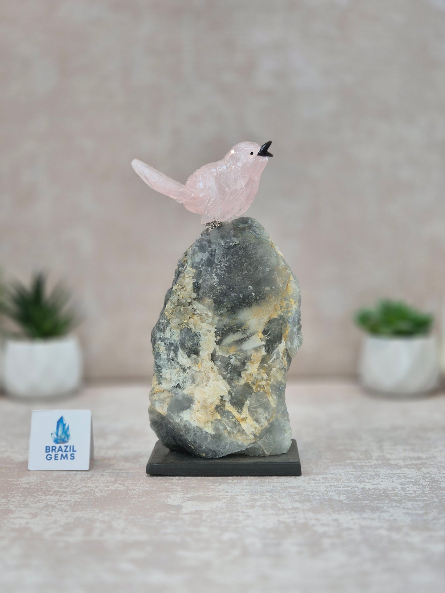 Rose Quartz Bird on Raw Aquamarine Base