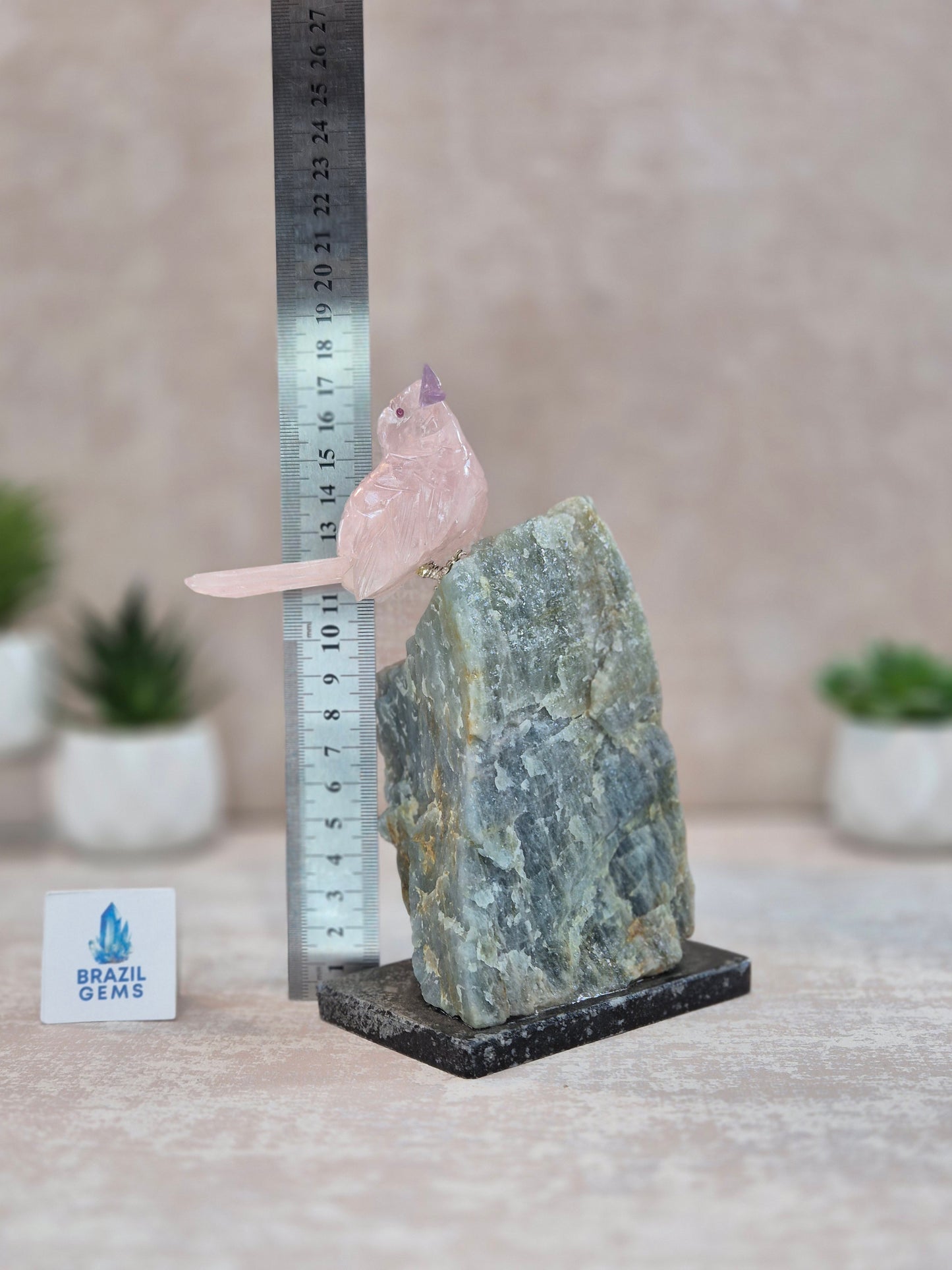 Rose Quartz Bird with Amethyst Beak on Raw Aquamarine Base
