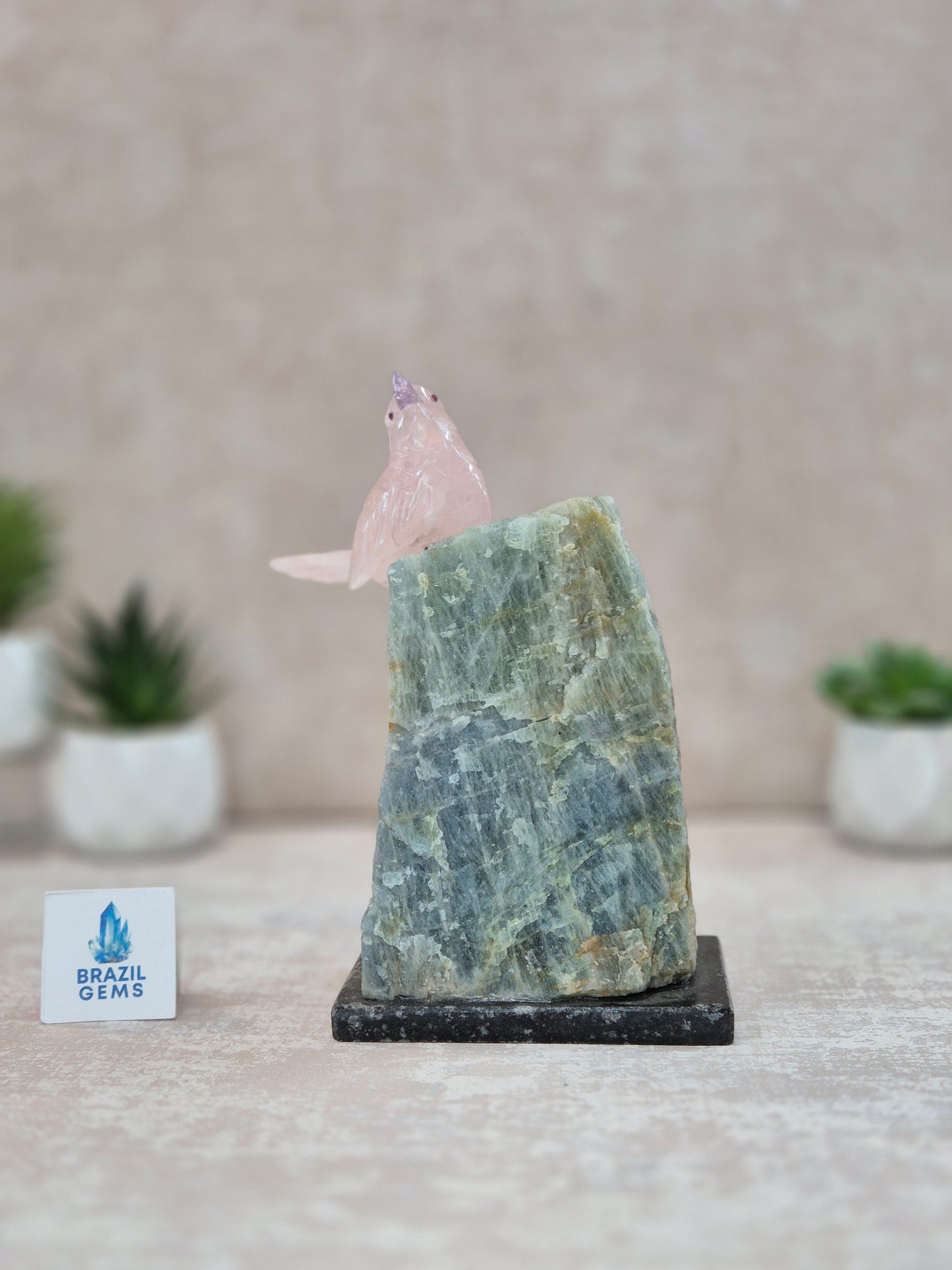 Rose Quartz Bird with Amethyst Beak on Raw Aquamarine Base