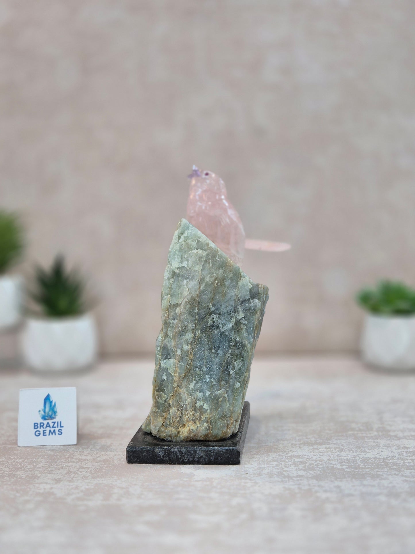 Rose Quartz Bird with Amethyst Beak on Raw Aquamarine Base