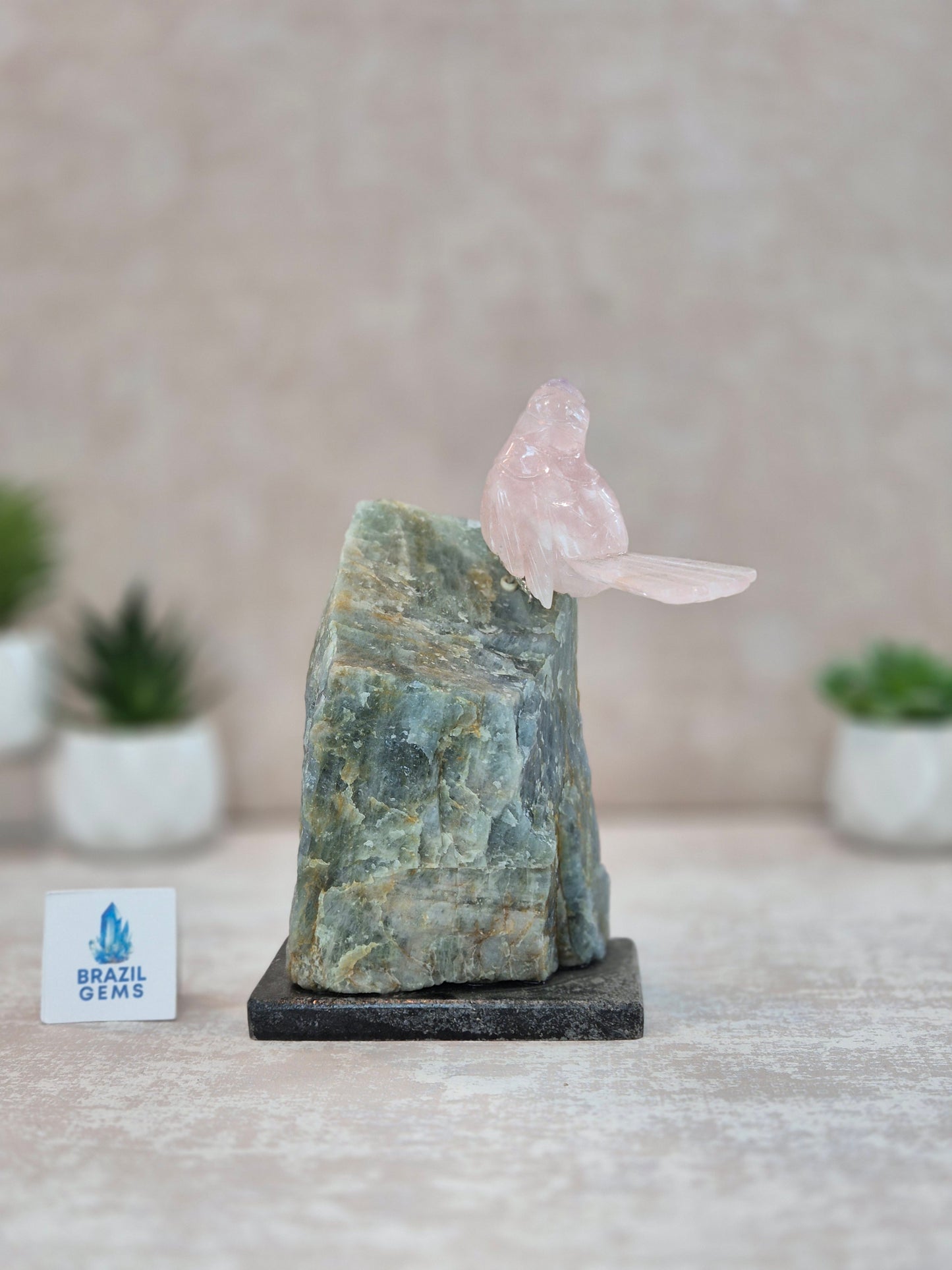 Rose Quartz Bird with Amethyst Beak on Raw Aquamarine Base