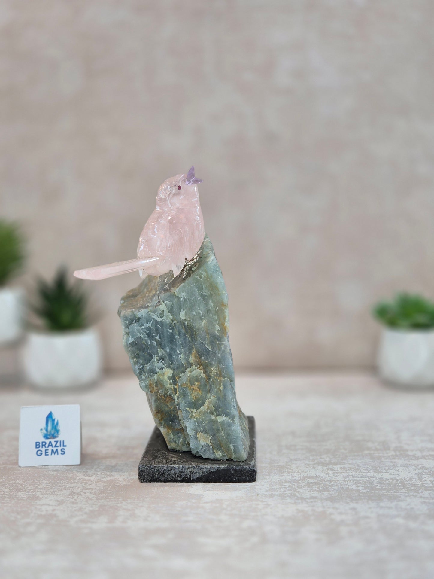 Rose Quartz Bird with Amethyst Beak on Raw Aquamarine Base