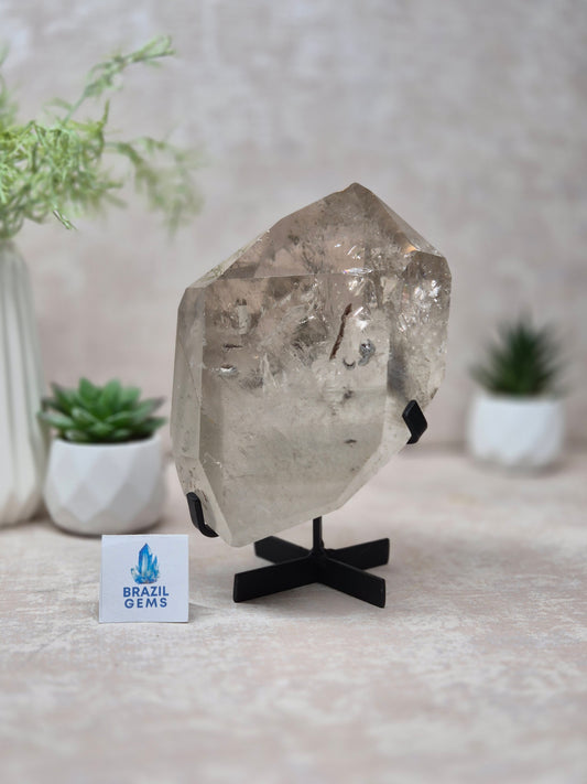 Slight Smoky Quartz with Chlorite Free Form on the stand