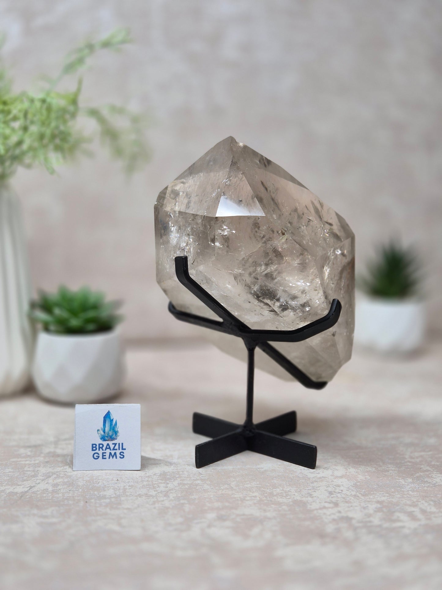 Slight Smoky Quartz with Chlorite Free Form on the stand