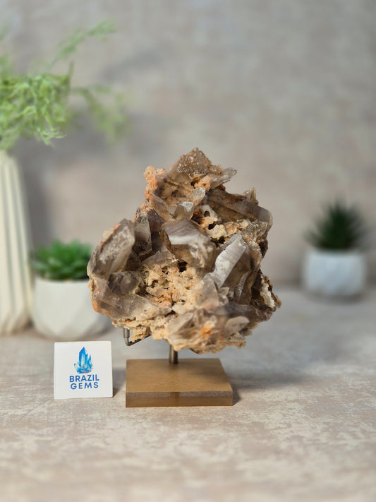 Smoky Quartz with Lodolite and Oxidation on the stand
