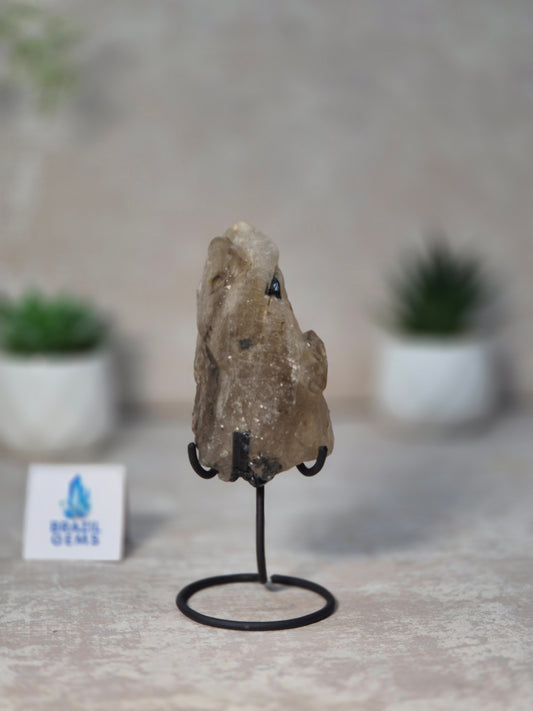 Smoky Quartz with Black Tourmaline Cathedral on stand