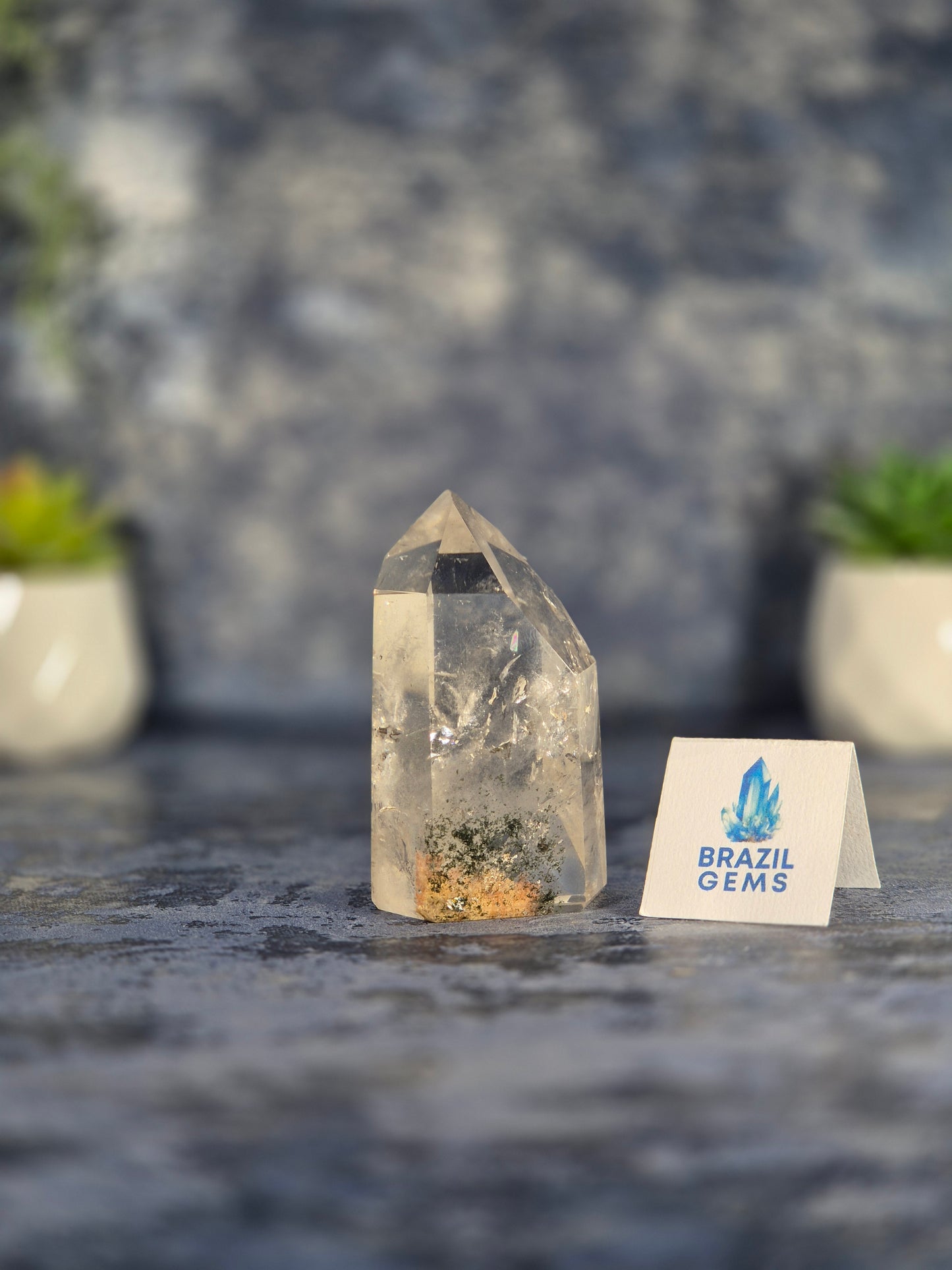 Clear Quartz Point with Chlorite and Lodolite Inclusions