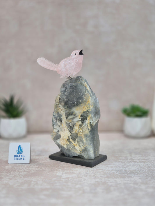 Rose Quartz Bird on Raw Aquamarine Base
