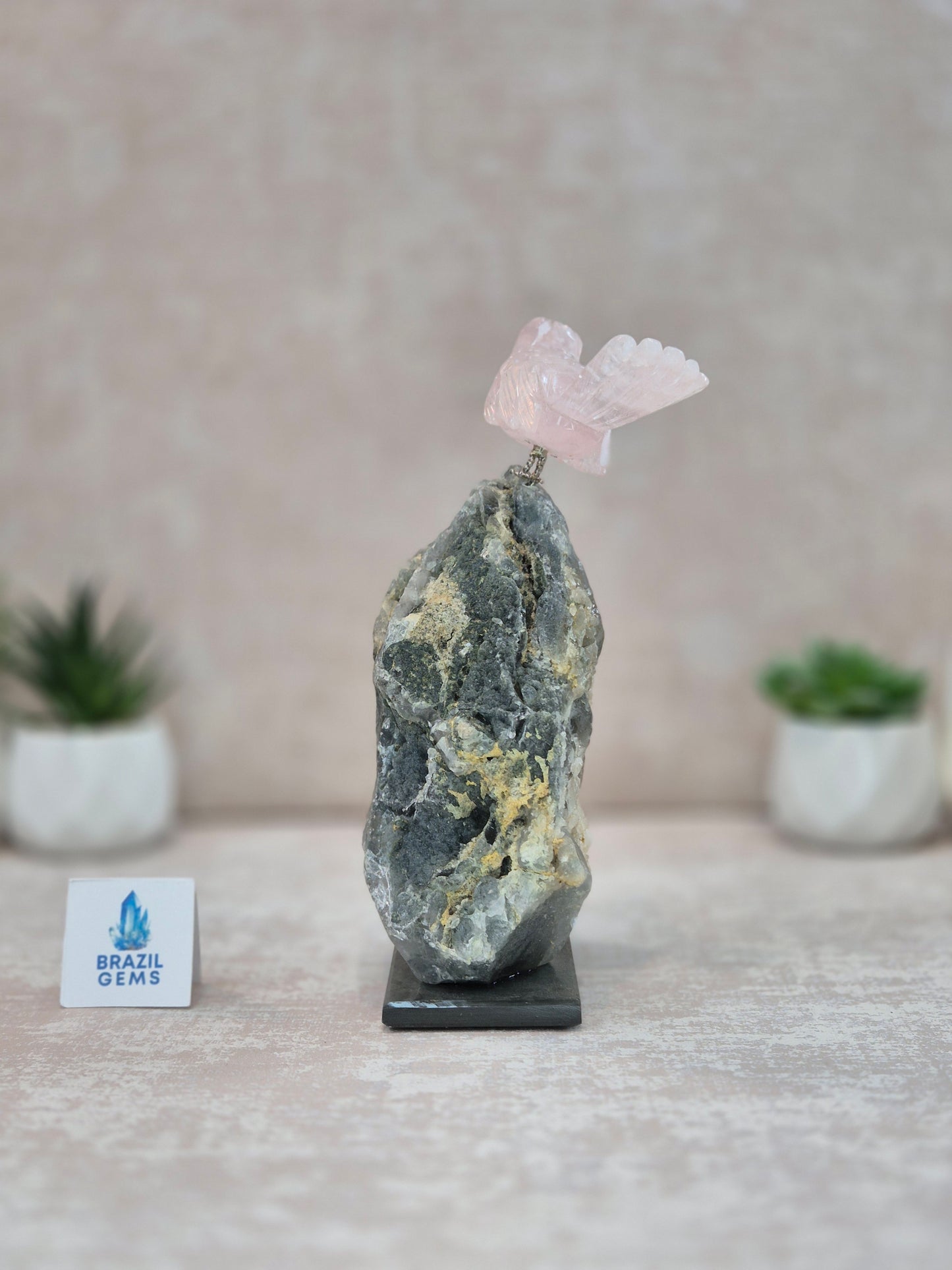 Rose Quartz Bird on Raw Aquamarine Base