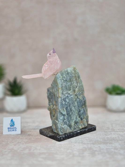 Rose Quartz Bird with Amethyst Beak on Raw Aquamarine Base