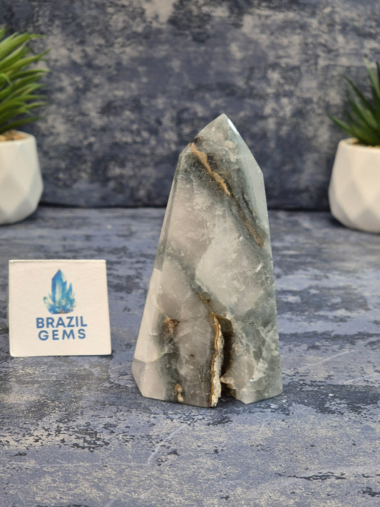 Blue Tara with Mosaic Calcite Point