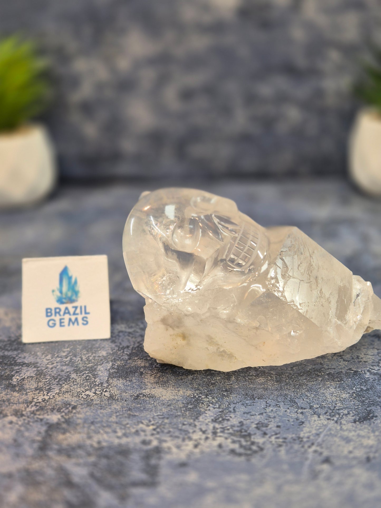 Hand Carved Clear Quartz Skull on Natural Cluster Base