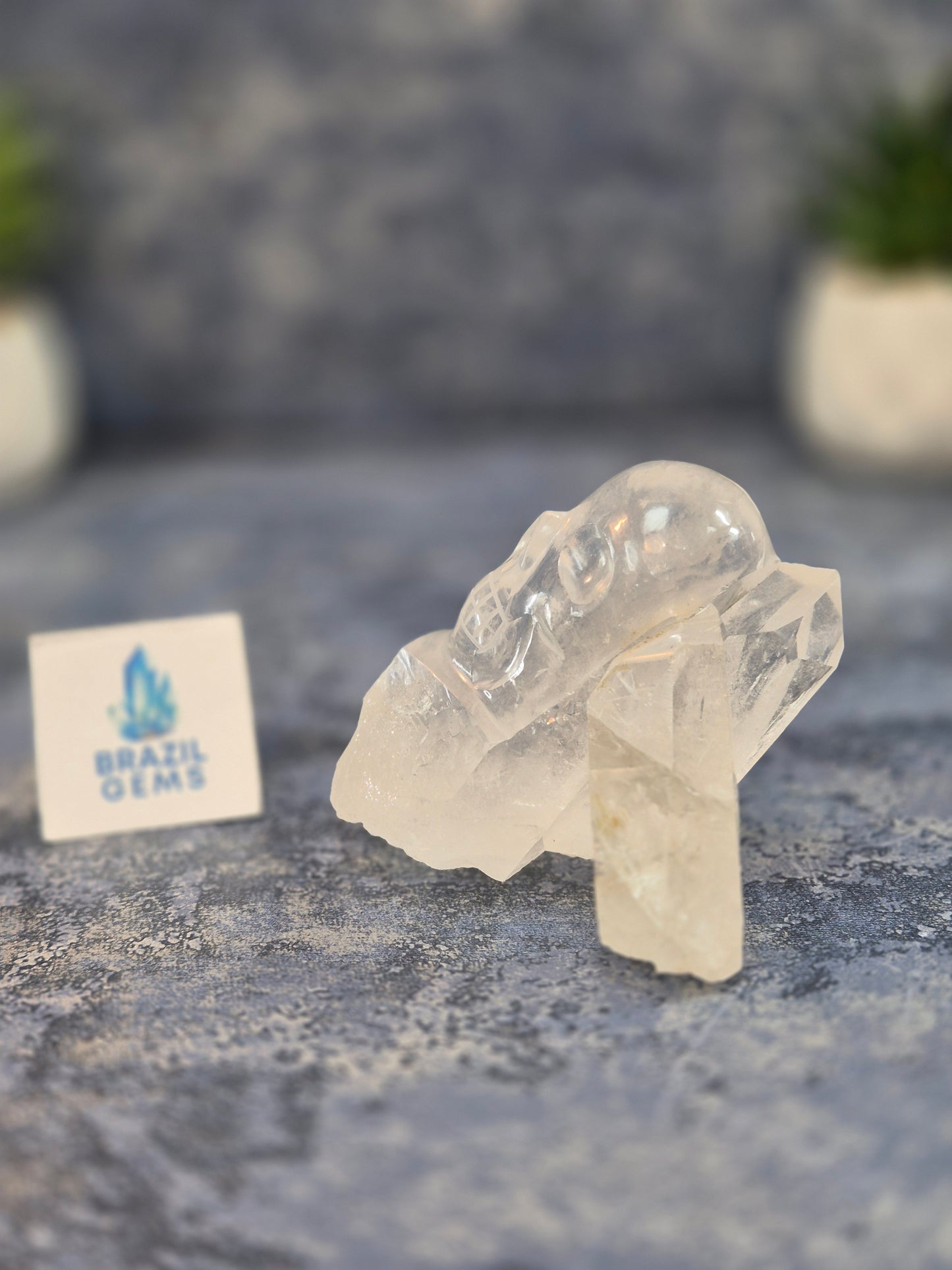 Hand Carved Clear Quartz Skull on Natural Cluster Base