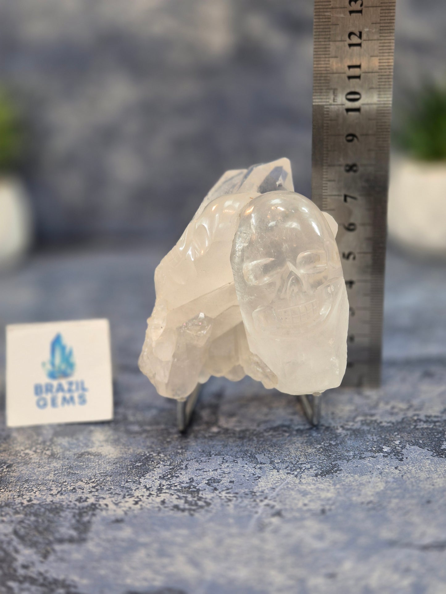 Hand Carved 2 Clear Quartz Skulls on Natural Cluster Base