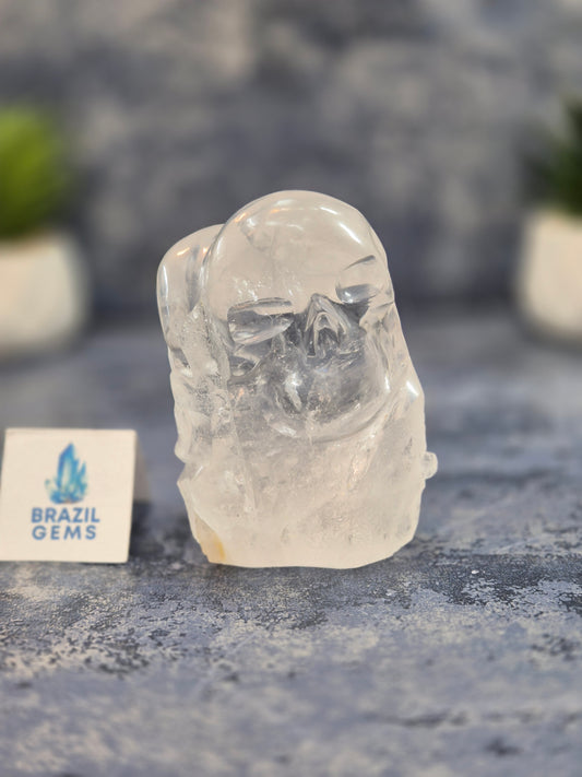 Hand Carved 2 Clear Quartz Skulls on Natural Cluster Base