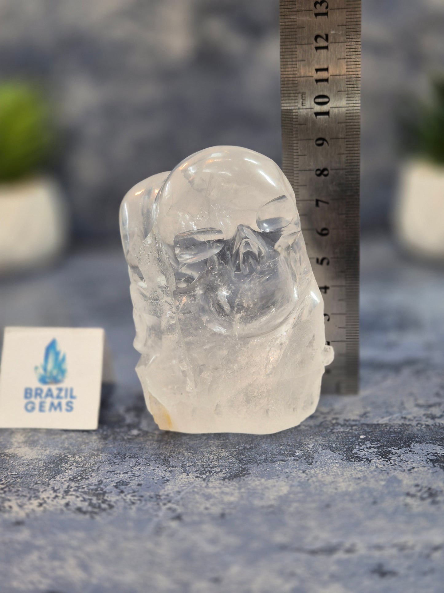 Hand Carved 2 Clear Quartz Skulls on Natural Cluster Base